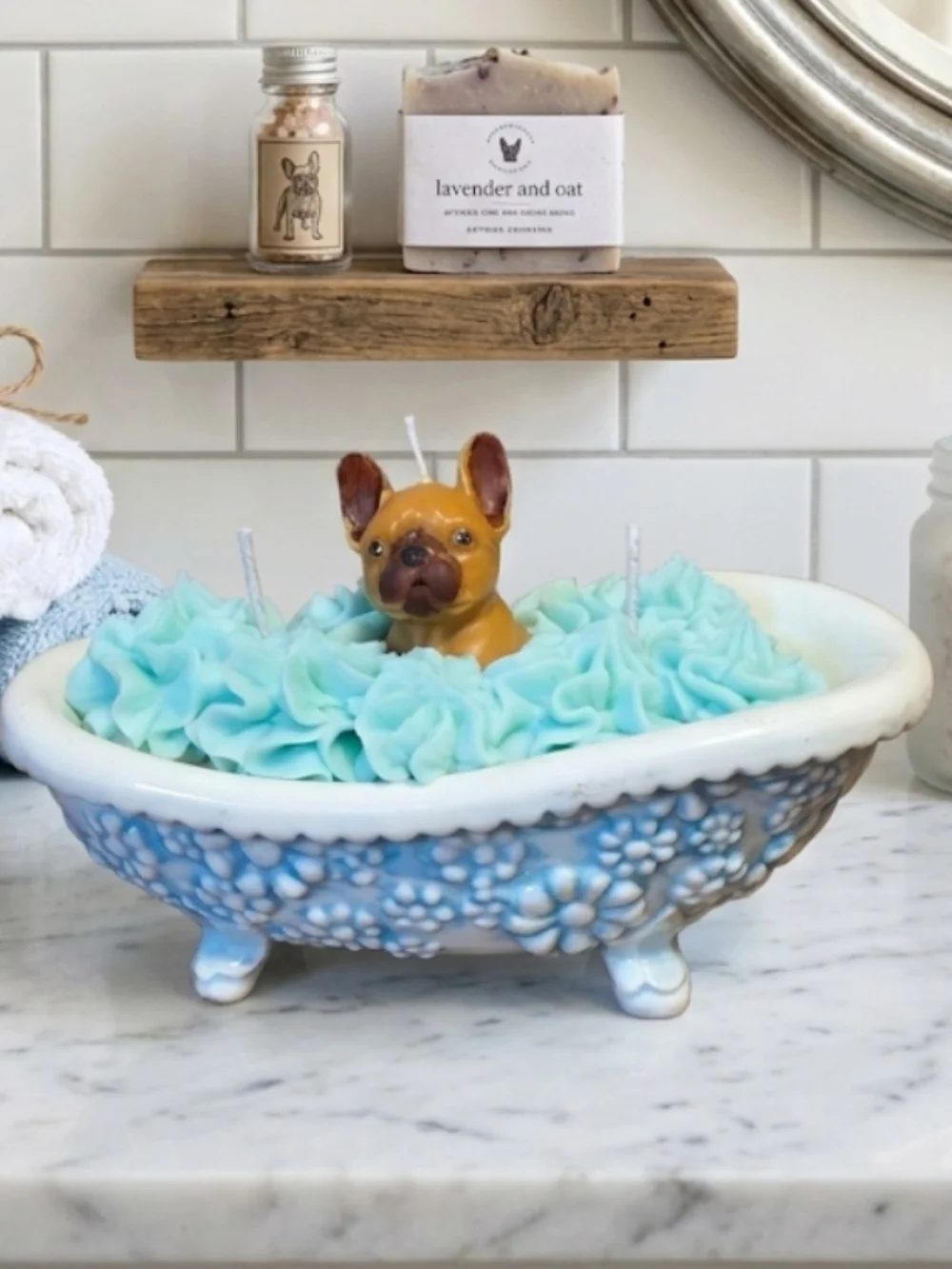 French Bulldog Candle in Auqua & White Glass Claw Foot Bathtub Handcrafted Gifts